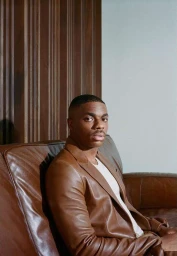 Portrait of a black man wearing a brown leather jacket seated on a leather sofa against a paneled wood and plain wall background.