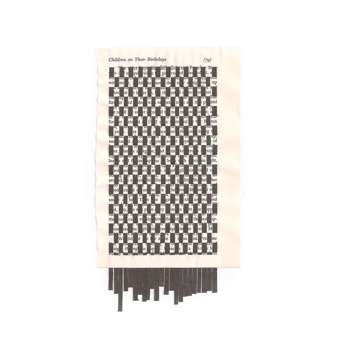 Abstract art of a page with text and a checkered block pattern, plus a fringe of short black strips at the bottom edge.