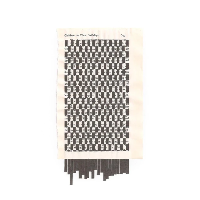 Abstract art of a page with text and a checkered block pattern, plus a fringe of short black strips at the bottom edge.