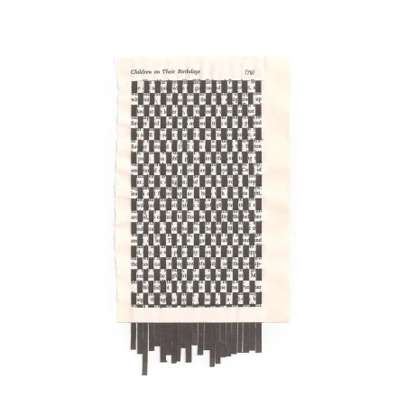 Abstract art of a page with text and a checkered block pattern, plus a fringe of short black strips at the bottom edge.