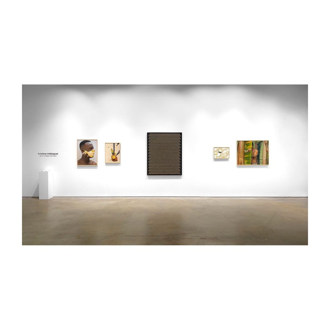 Art gallery exhibition showcasing diverse paintings and wall art in a contemporary white space with recessed lighting on the ceiling.