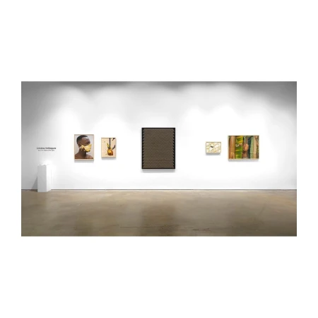 Art gallery exhibition showcasing diverse paintings and wall art in a contemporary white space with recessed lighting on the ceiling.