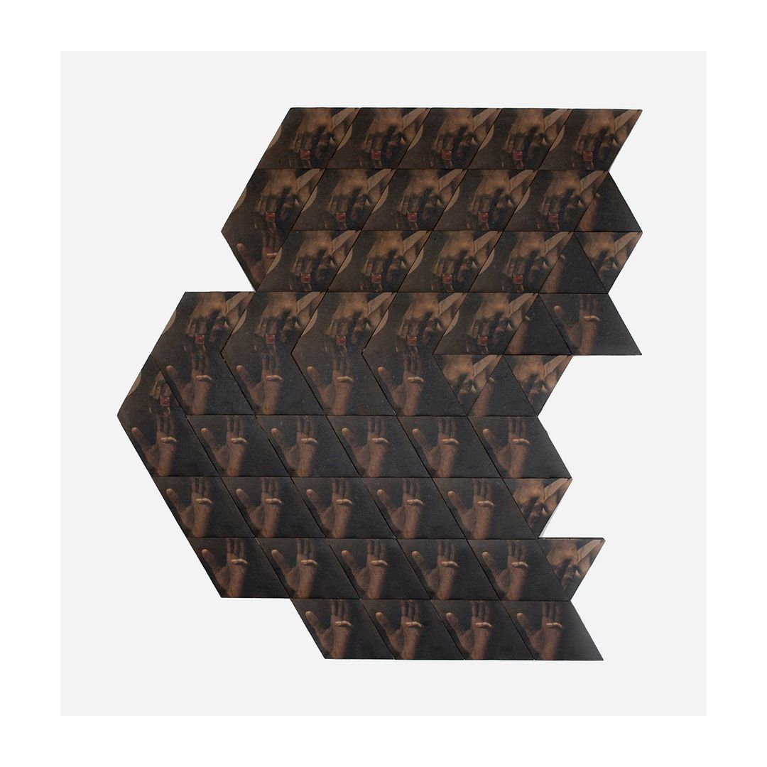 Artistic mosaic of human faces and hands arranged in a tessellated pattern, dark colour palette on a white background.