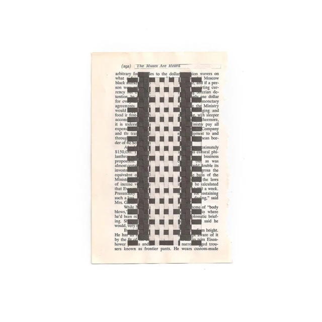 Altered book page art features text partially obscured by black rectangles in a weaving pattern, creating a unique visual composition.