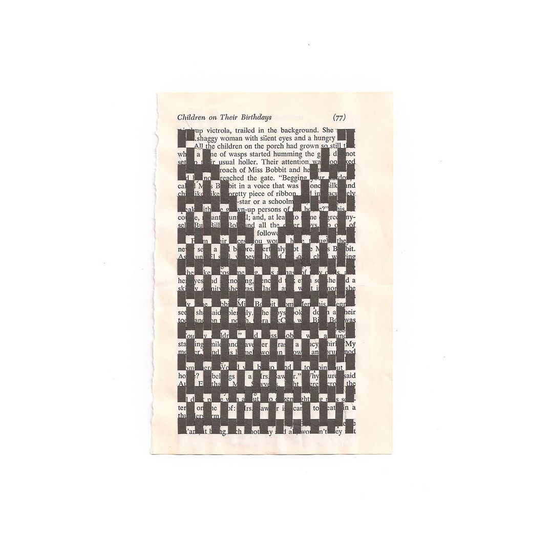 Digitally altered book page featuring an artistic design with black bars obscuring text, creating a unique visual pattern.