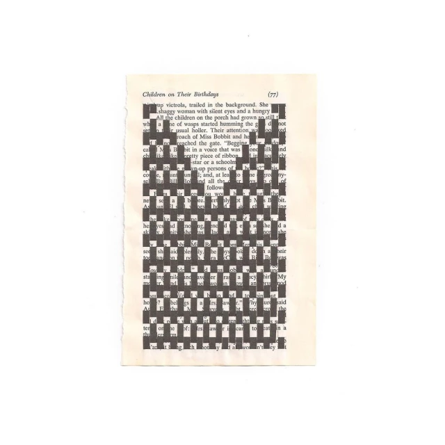 Digitally altered book page featuring an artistic design with black bars obscuring text, creating a unique visual pattern.
