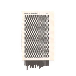 Woven paper art piece made from a torn book page with alternating dark and light paper strips against white