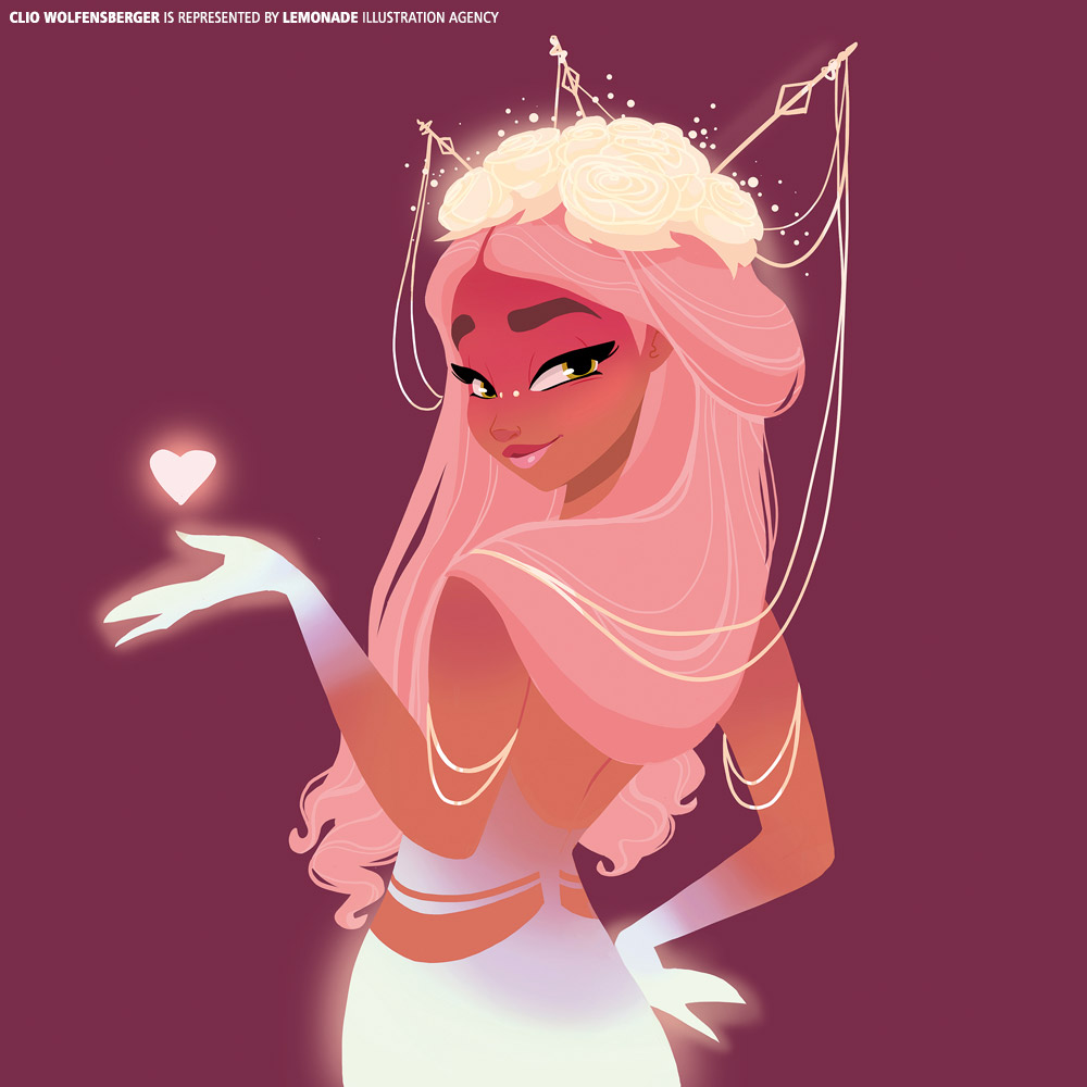 Illustration of a woman with pink hair and a rose crown holding a heart in her glowing hand against a magenta background.