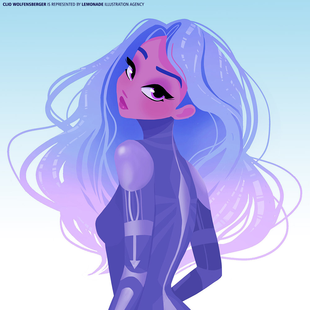 Illustration of a woman with long, flowing blue hair looking over her shoulder, wearing a futuristic body suit against a gradient sky.