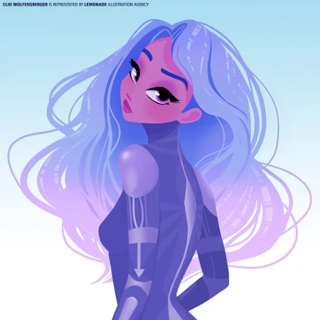 Illustration of a woman with long, flowing blue hair looking over her shoulder, wearing a futuristic body suit against a gradient sky.