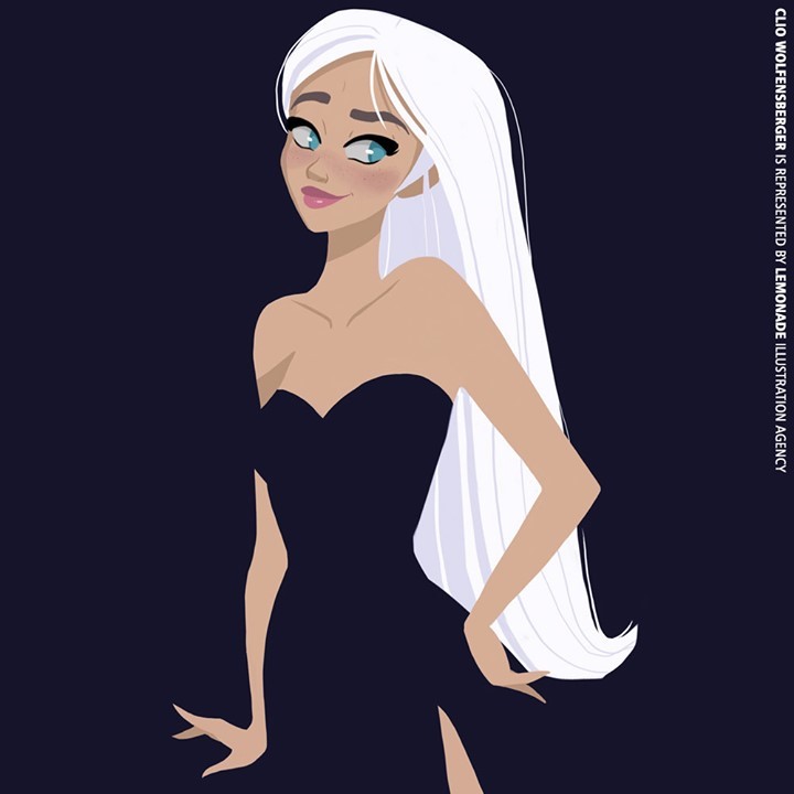 Illustration of a woman with long white hair and a black dress posing against a dark blue background in a vertical composition.