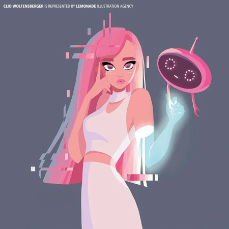 Illustration of a stylish woman with pink hair, holding a robot, against a gray backdrop. The woman wears a white crop top and long skirt.