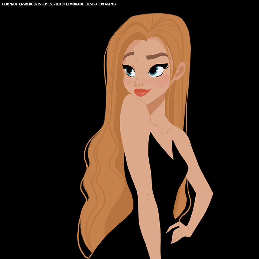 Illustration of a woman with long blonde hair wearing a black dress against a black background in a cartoon style.