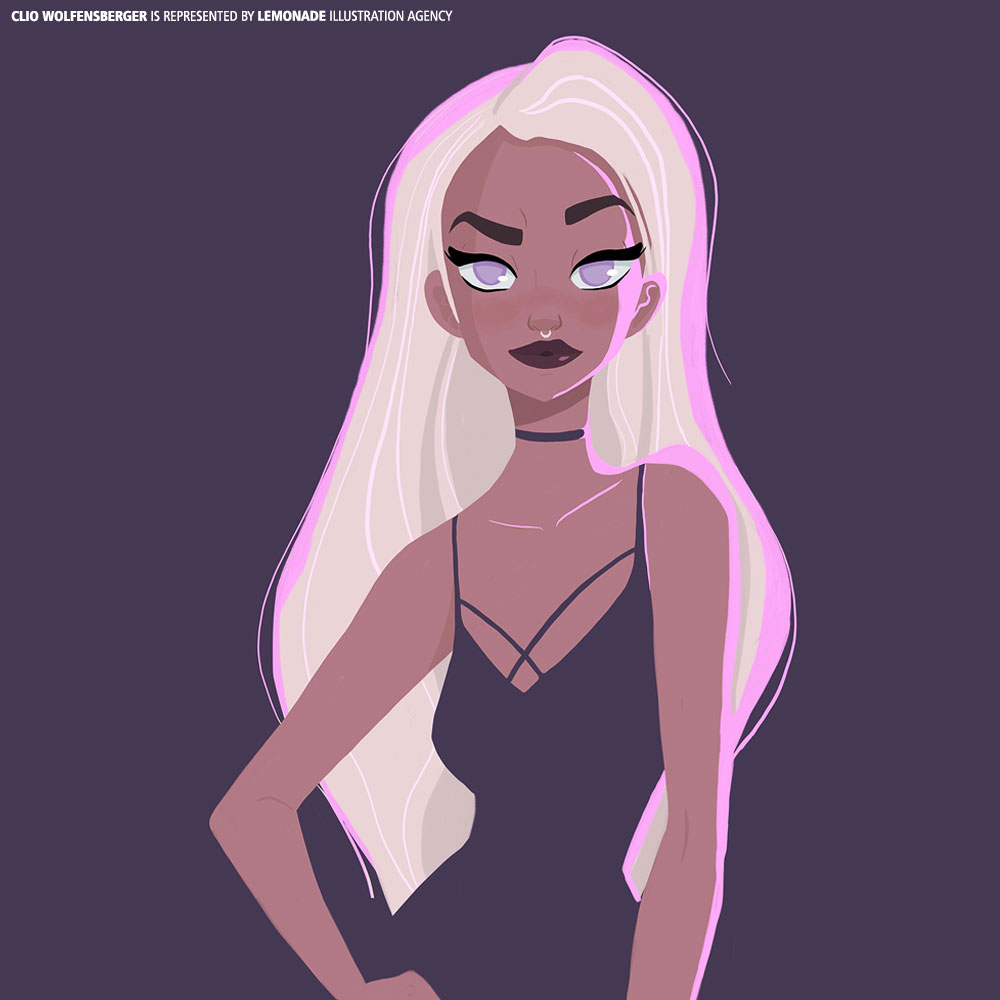 Illustration of a stylish woman with pale blonde hair and dark clothing against a solid purple background. Artful, modern and evocative.