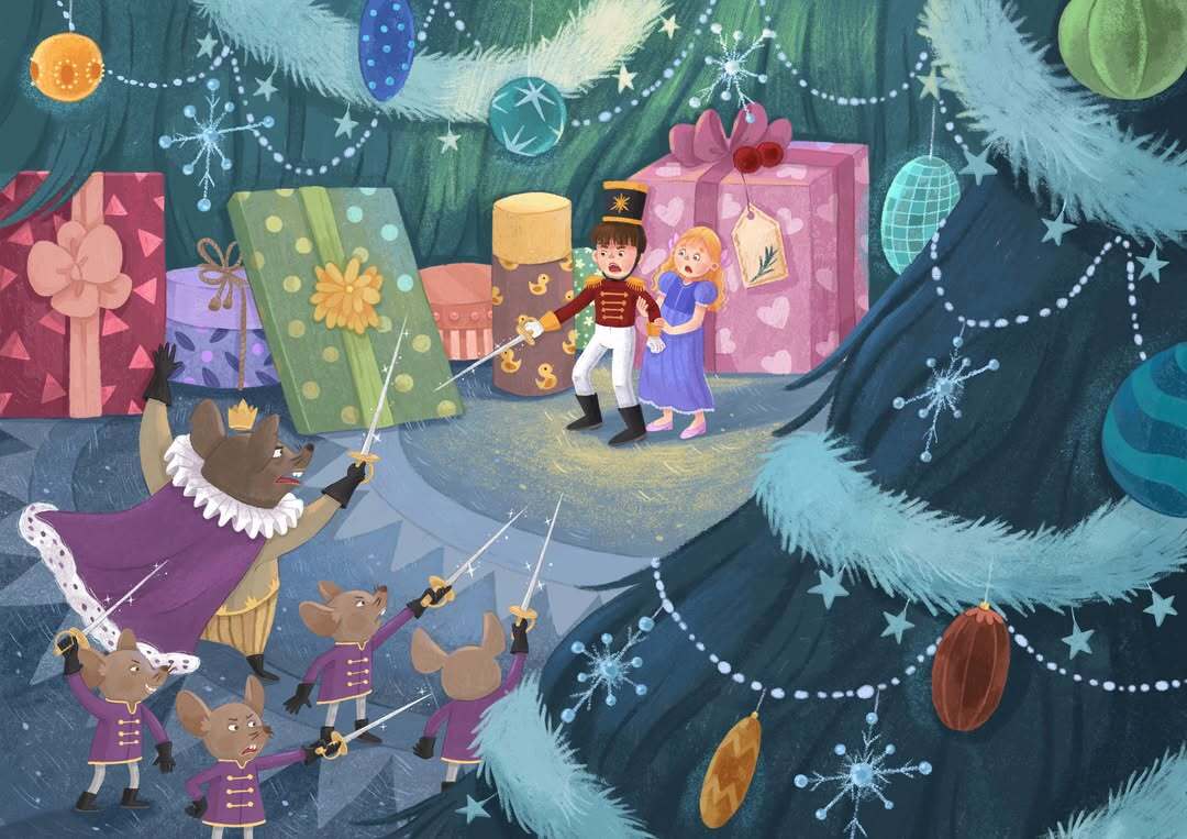 Illustration of Nutcracker scene with a toy soldier and a girl facing a Mouse King with swords in a Christmas setting with gifts and tree.
