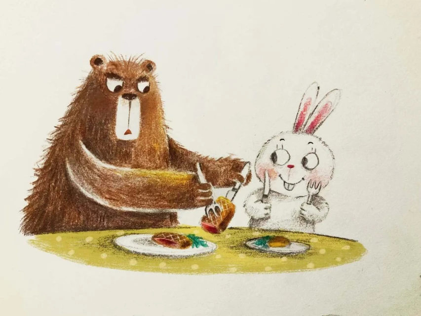 Illustration of a brown bear holding a fork with food on it and a white rabbit holding silverware sitting at a table eating dinner.