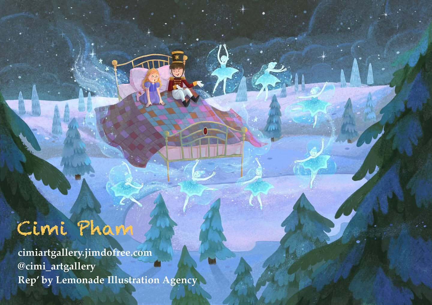 Enchanting illustration of a girl and a nutcracker doll on a bed floating in a wintery forest with ballerina spirits.