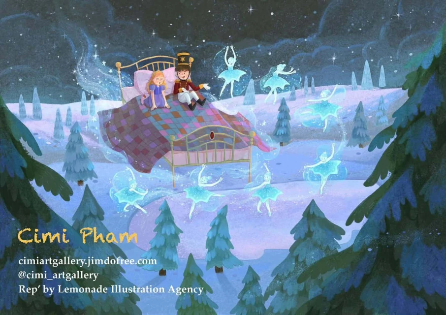 Enchanting illustration of a girl and a nutcracker doll on a bed floating in a wintery forest with ballerina spirits.