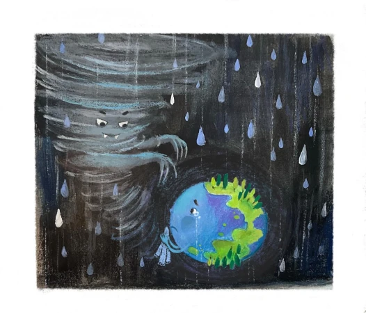Digital art shows a cartoon tornado with an angry expression looming over the earth with a sad face and tears in a dark, rainy environment.