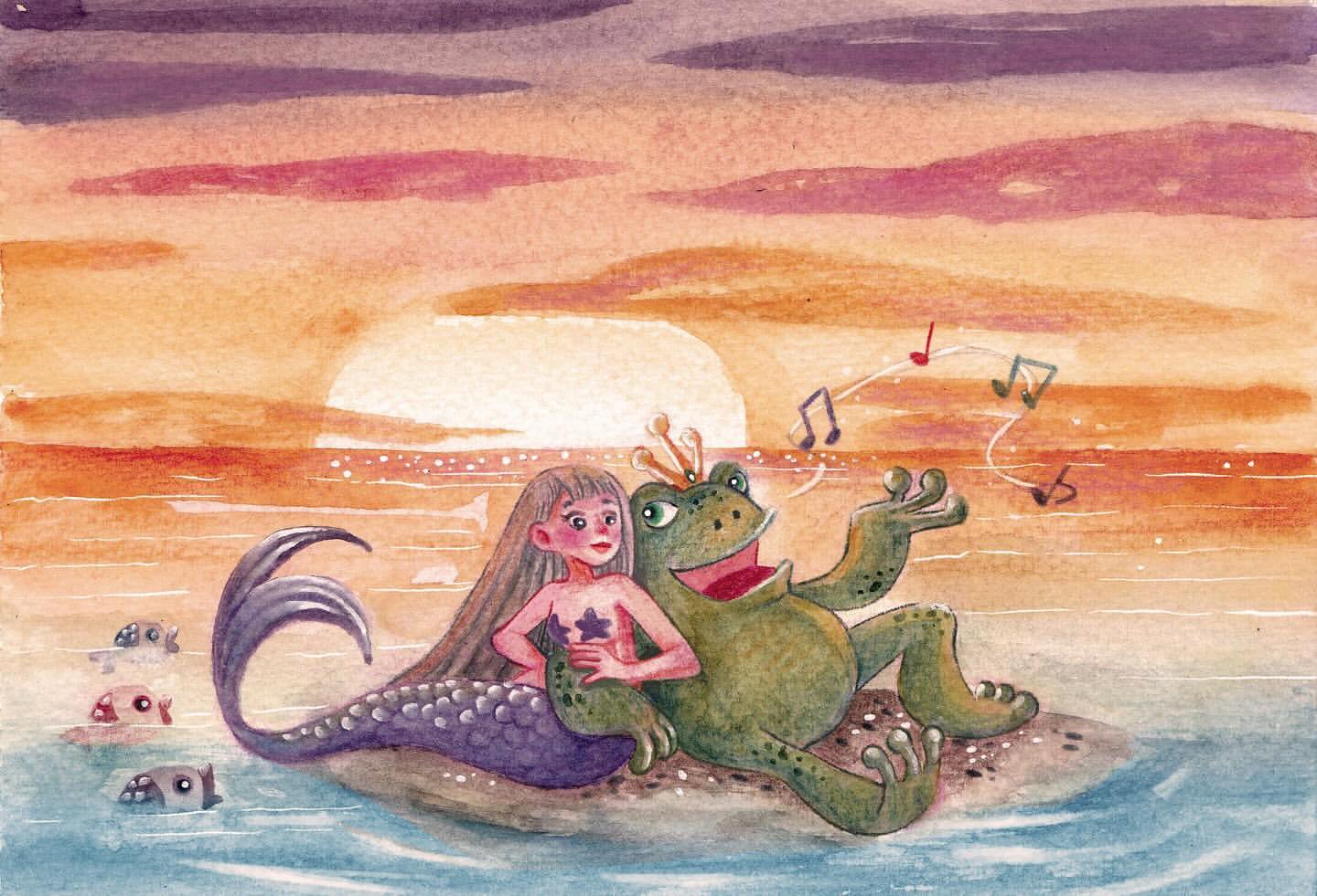 Watercolor artwork features a mermaid and frog prince on an island with fish, against a sunset sky with musical notes.
