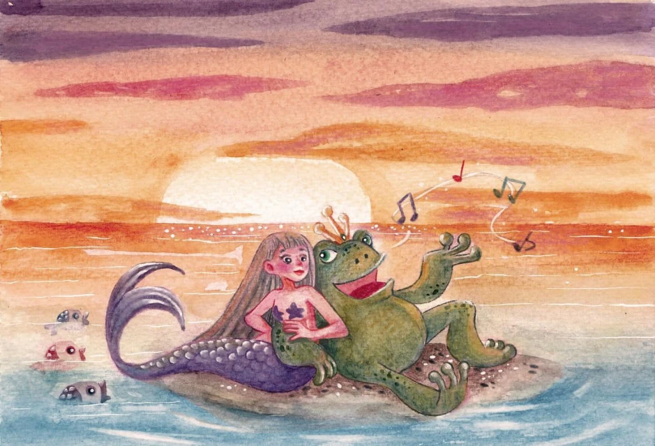 Watercolor artwork features a mermaid and frog prince on an island with fish, against a sunset sky with musical notes.