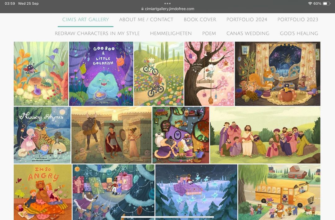 Digital composite of a gallery wall with book cover art illustrations, children's books, and whimsical characters in various scenes.