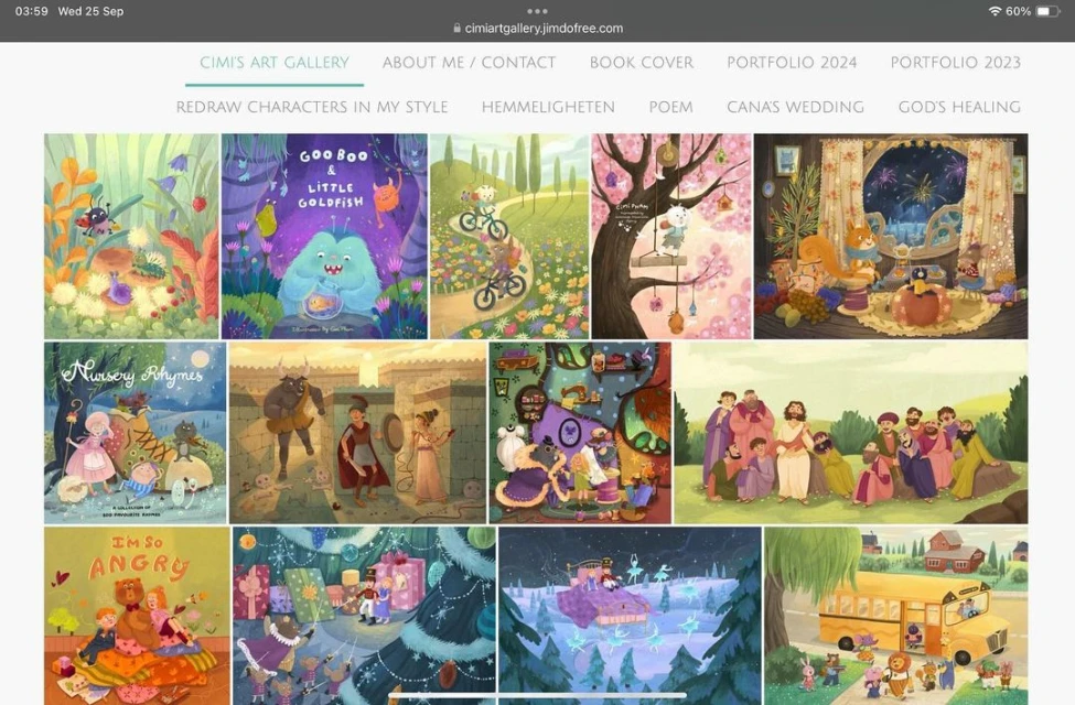 Digital composite of a gallery wall with book cover art illustrations, children's books, and whimsical characters in various scenes.