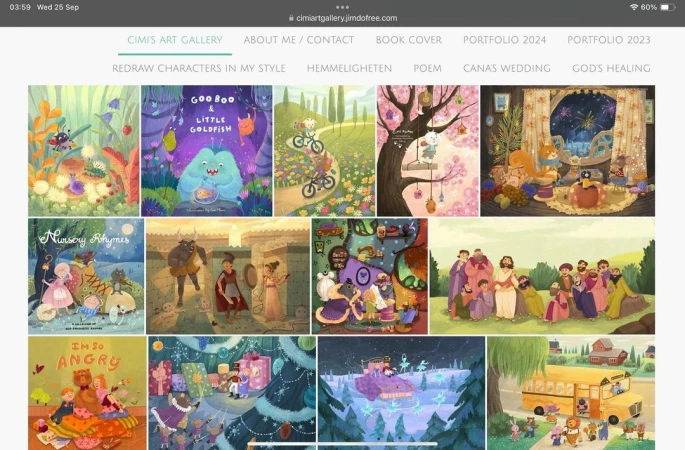 Digital composite of a gallery wall with book cover art illustrations, children's books, and whimsical characters in various scenes.