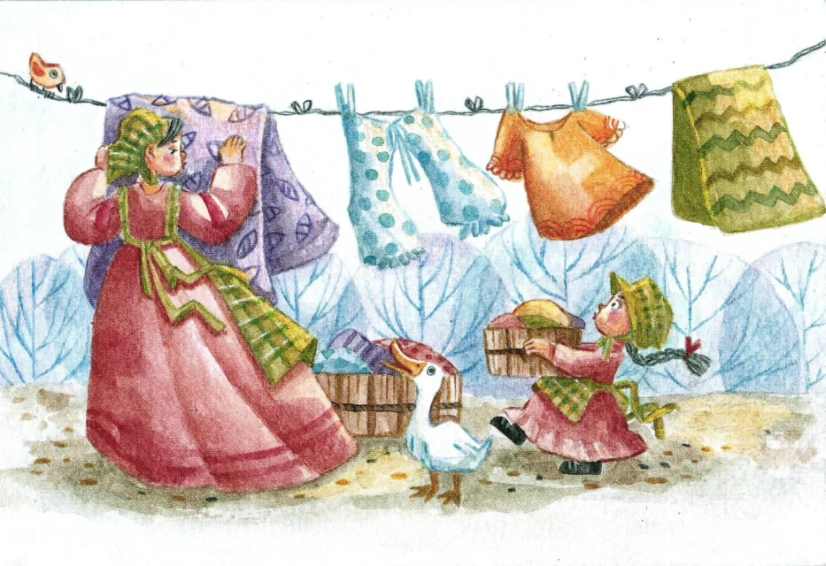 Illustration of two women hanging laundry with a goose standing nearby, set against a stylized wintery background with bare trees.