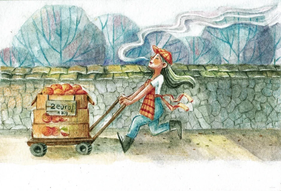 Illustration of a woman in a cap and apron running with a fruit-filled cart on a paved path, with stylized trees and sky in the background.
