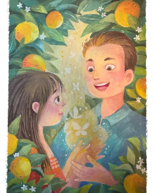 A painted illustration of a young couple standing close in an orange grove, bathed in golden light, creating a warm and intimate atmosphere.