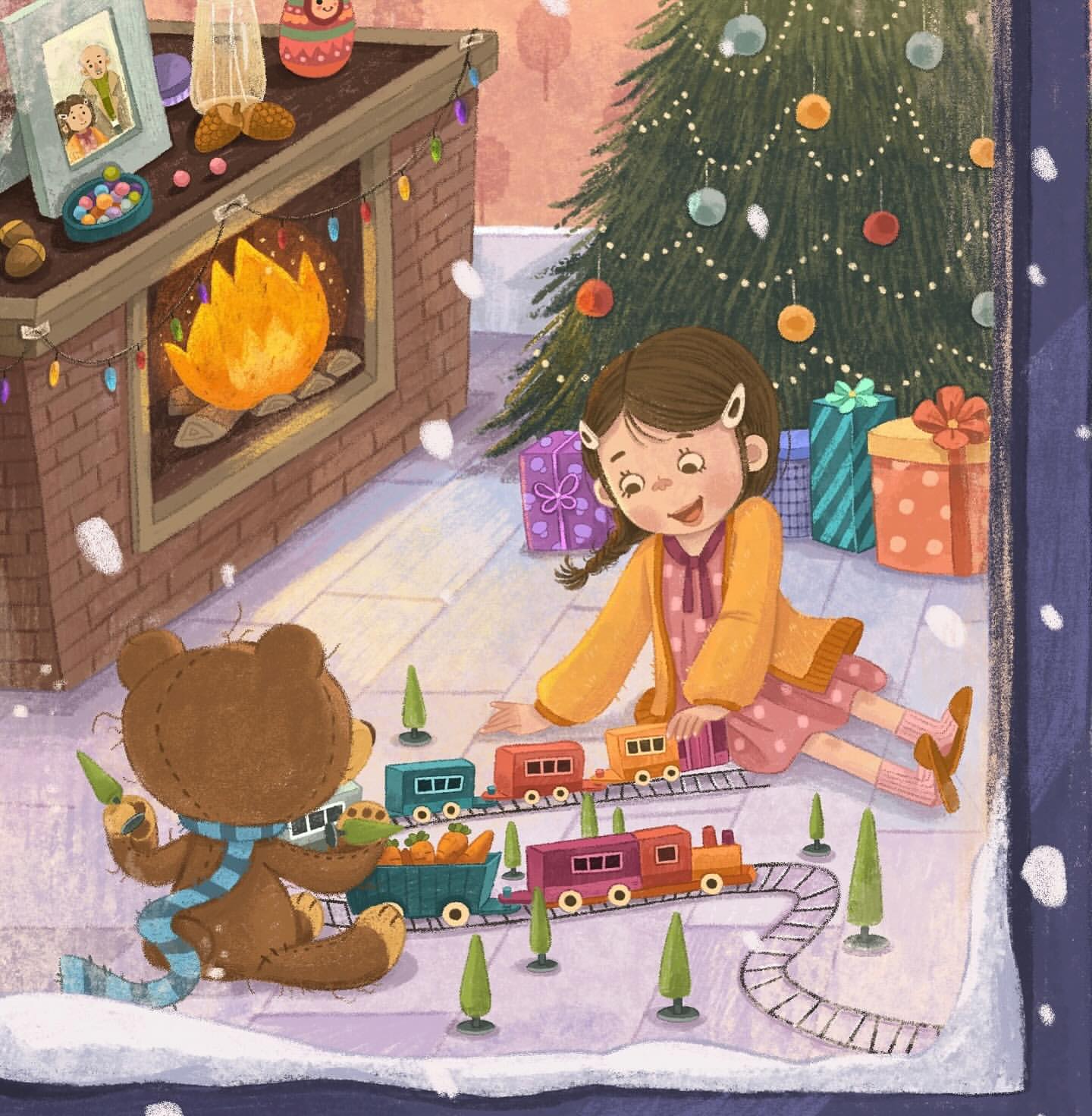 Illustration of a young girl playing with a toy train near a Christmas tree, with a teddy bear and a fireplace in the background.