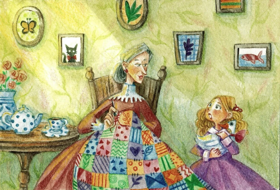 Illustration of an elderly woman knitting a quilt while a young girl looks on holding a white bird, set in a cozy, patterned room.