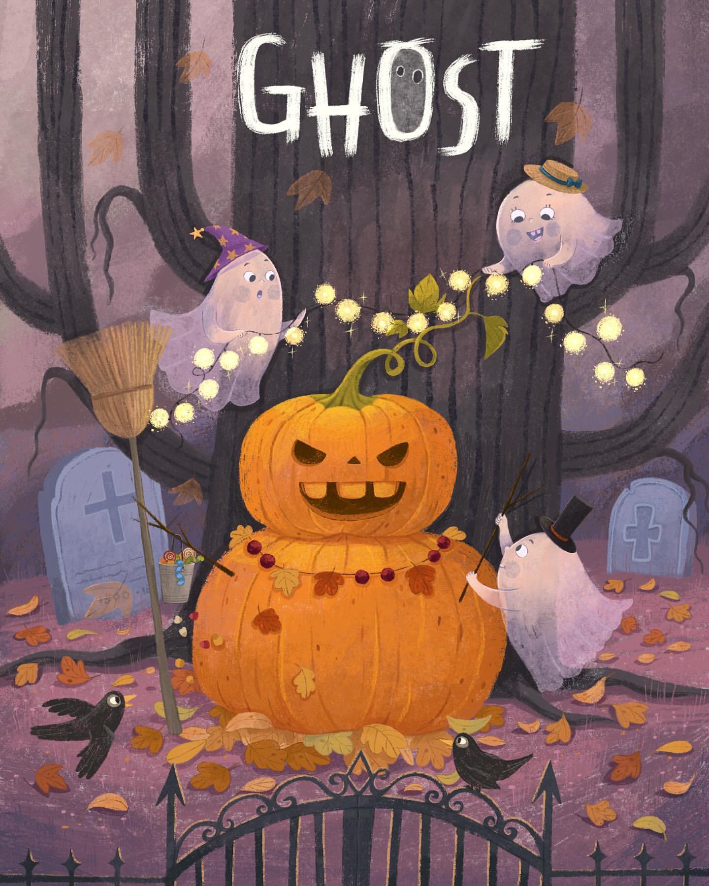 Illustration of a Halloween scene featuring pumpkins, ghosts wearing hats, leaves, and a tree with string lights in a spooky, whimsical style.