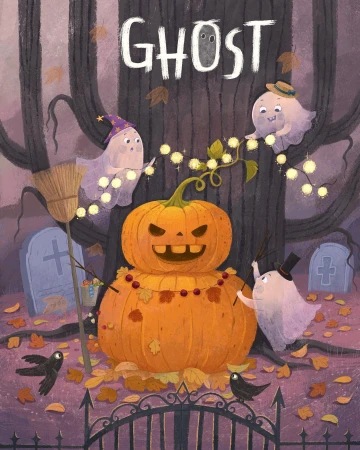 Illustration of a Halloween scene featuring pumpkins, ghosts wearing hats, leaves, and a tree with string lights in a spooky, whimsical style.