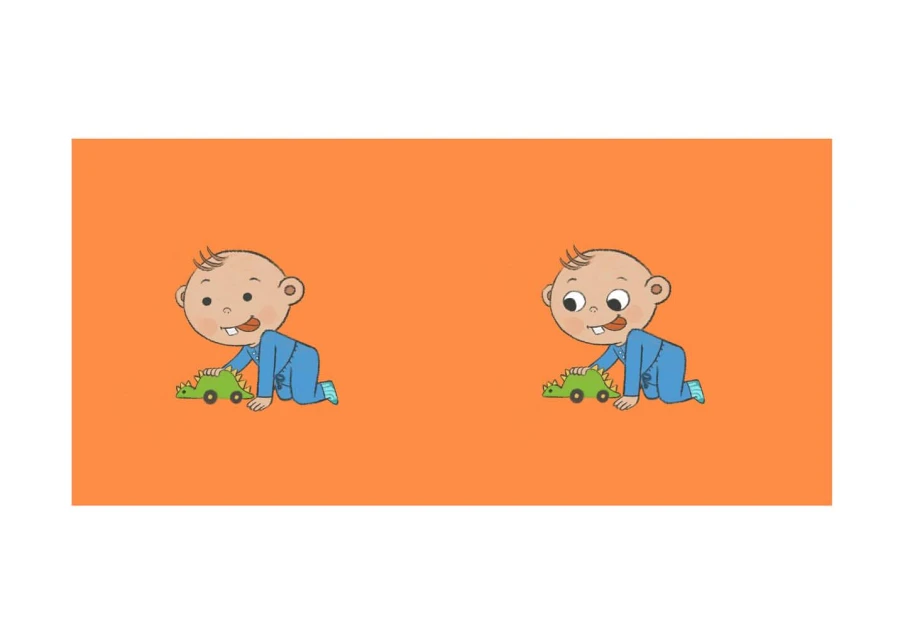 Illustration of two baby cartoon characters in blue pajamas crawling with a green toy dinosaur on an orange background. Kids illustration.