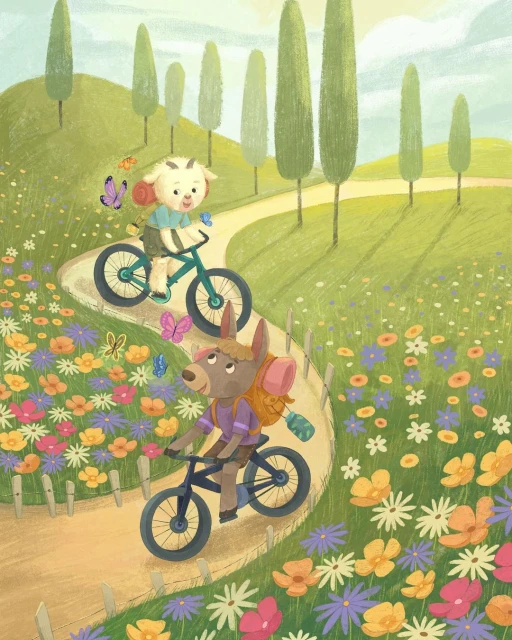 Illustration of a goat and donkey riding bicycles on a winding path surrounded by flowers in a green, hilly landscape. Butterflies visible.