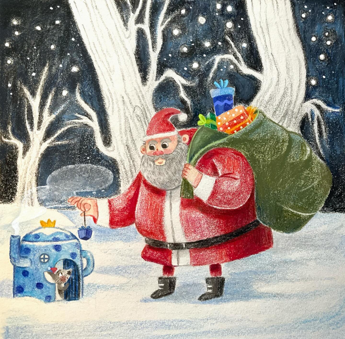 Illustration of Santa Claus with a bag of presents standing in a snowy forest next to a teapot-shaped house with a mouse.