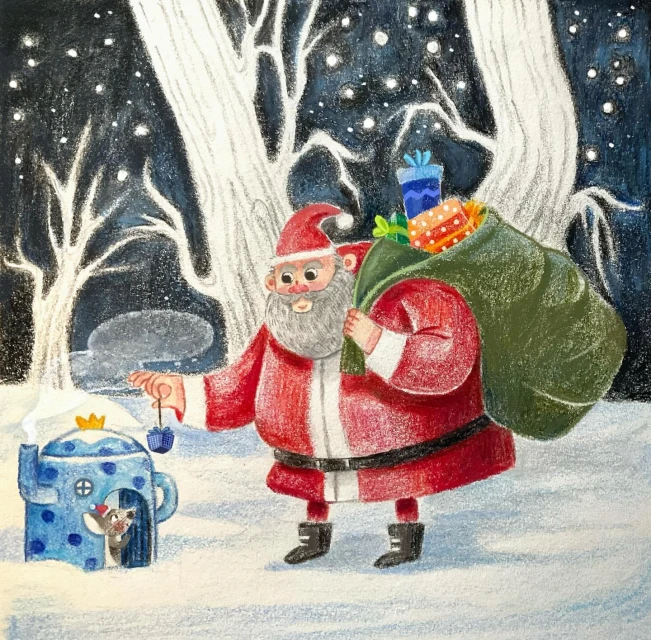 Illustration of Santa Claus with a bag of presents standing in a snowy forest next to a teapot-shaped house with a mouse.