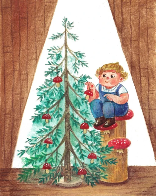 Illustration of a child decorating a Christmas tree with mushroom ornaments, seated on a mushroom stool in a cozy, wood-paneled room.