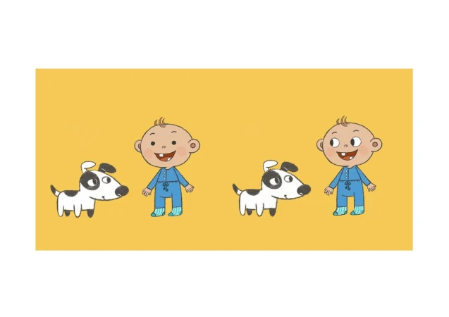 Illustration featuring two cartoon boys in blue pajamas, each accompanied by a black and white dog, set against a bright yellow background.