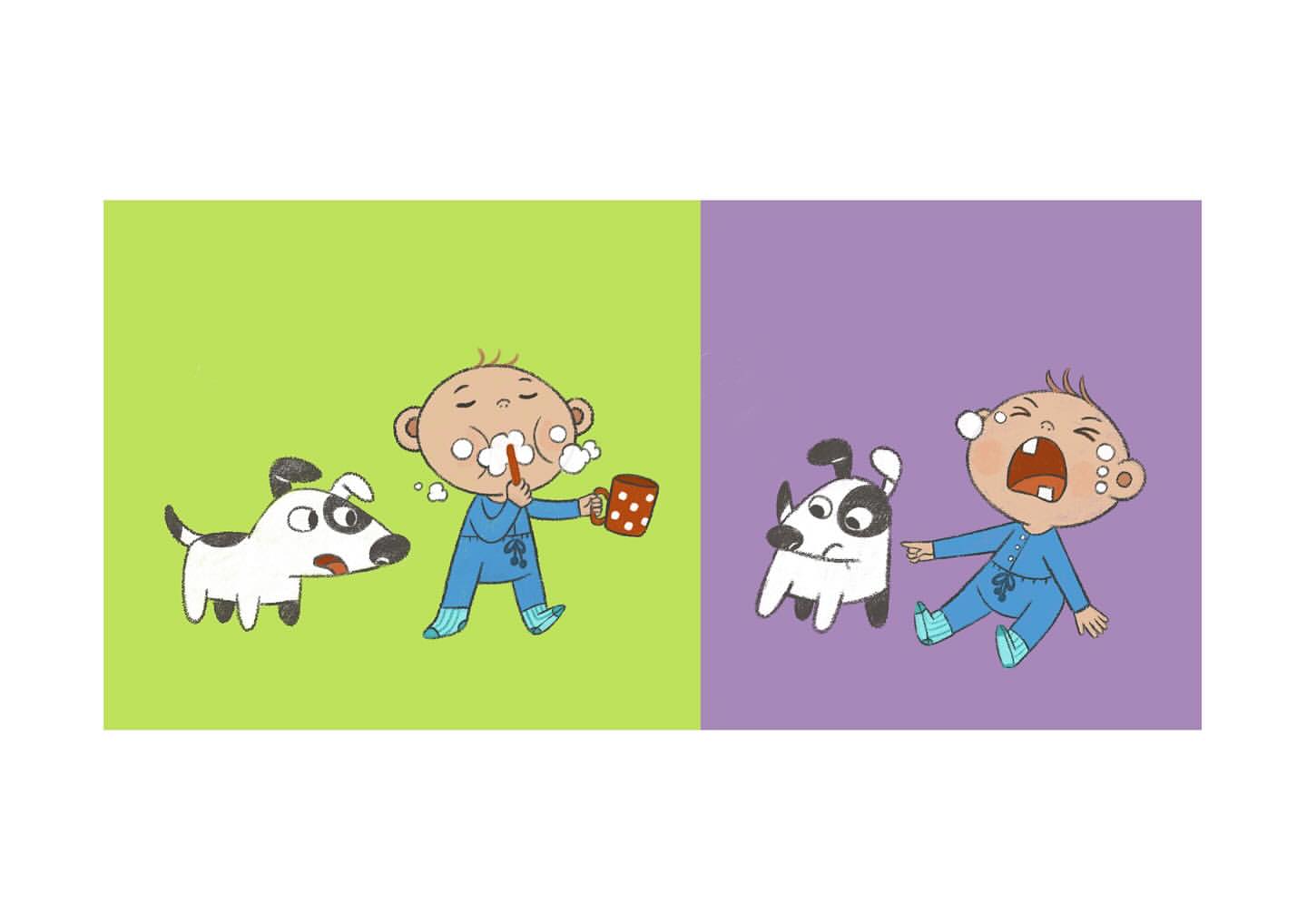 Illustration of a baby brushing teeth with a dog alongside; second scene shows the same baby crying with the same dog.