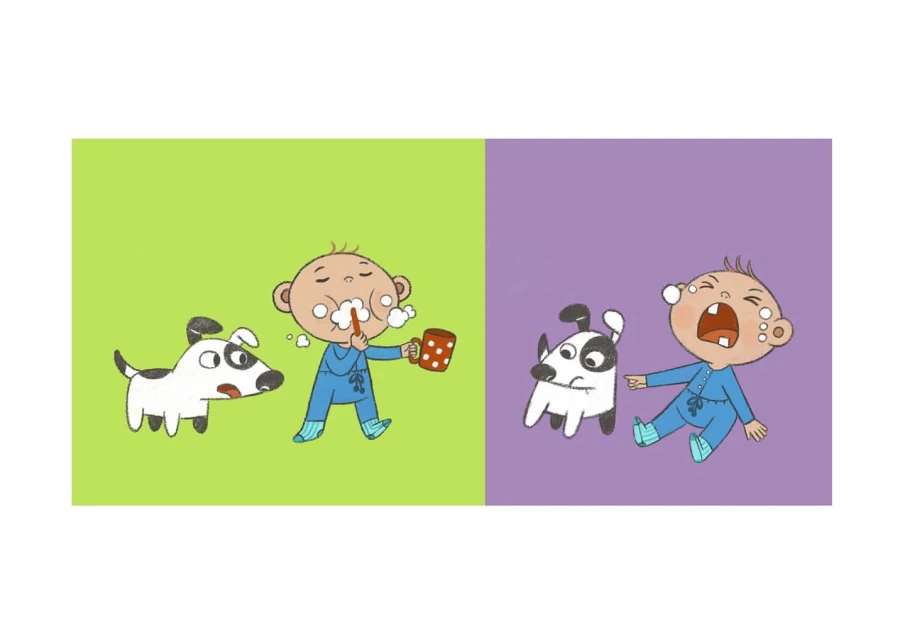 Illustration of a baby brushing teeth with a dog alongside; second scene shows the same baby crying with the same dog.