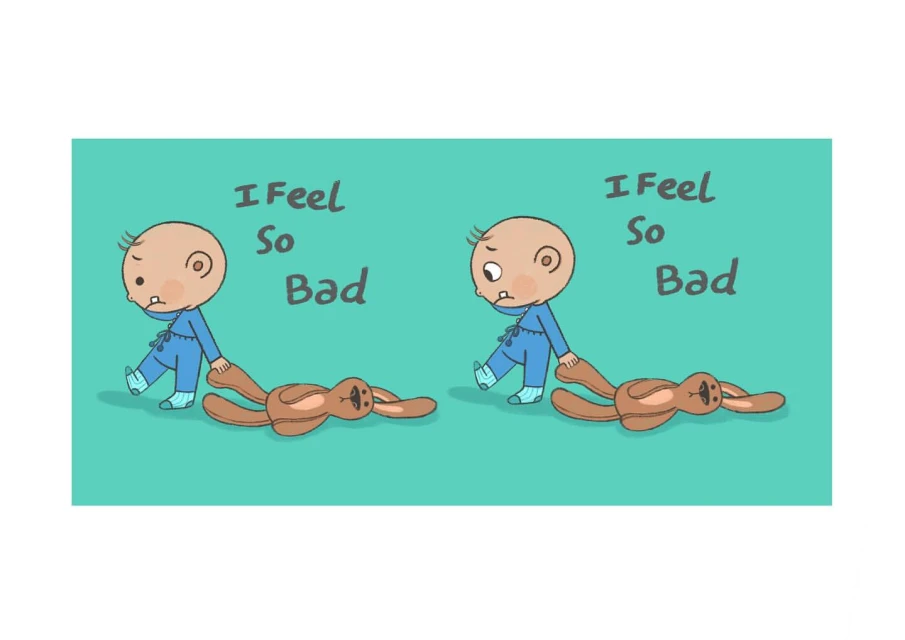 Illustration of a sad toddler in blue pajamas dragging a brown plush rabbit toy on a turquoise background with the text 'I feel so bad'.
