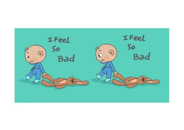 Illustration of a sad toddler in blue pajamas dragging a brown plush rabbit toy on a turquoise background with the text 'I feel so bad'.
