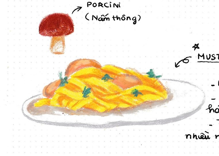Food illustration of pasta dish with mushrooms. Watercolor painting of creamy pasta and porcini mushrooms on a white background.