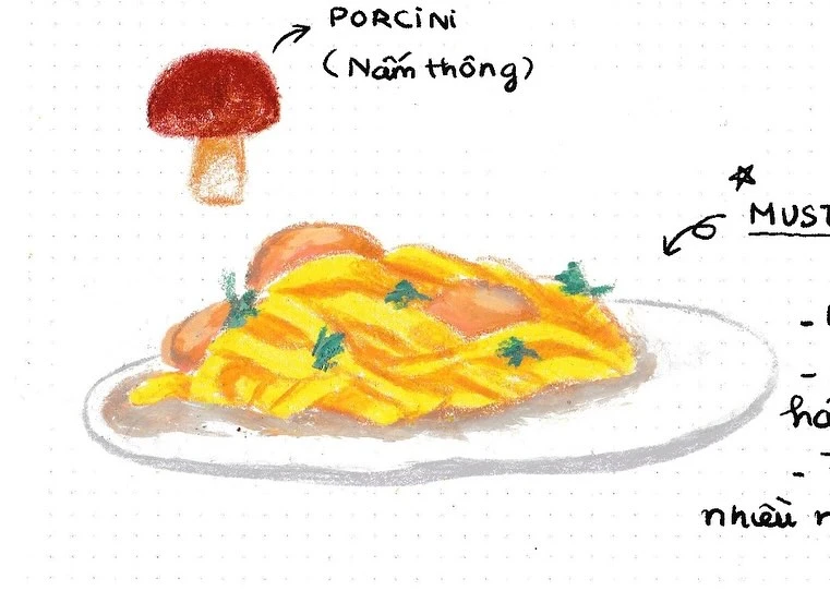 Food illustration of pasta dish with mushrooms. Watercolor painting of creamy pasta and porcini mushrooms on a white background.