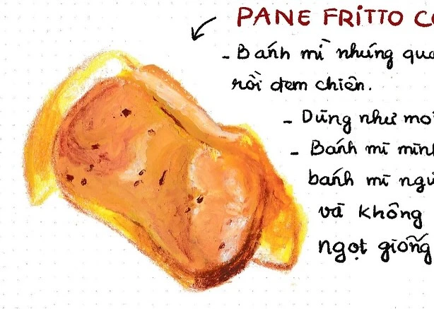 Illustration of pane fritto on a white background with black text. The food is painted with warm, golden, and reddish-brown hues.
