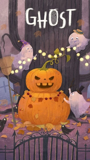 Halloween-themed illustration of ghosts and jack-o'-lanterns with fallen leaves, set against a backdrop of dark trees and a gate.