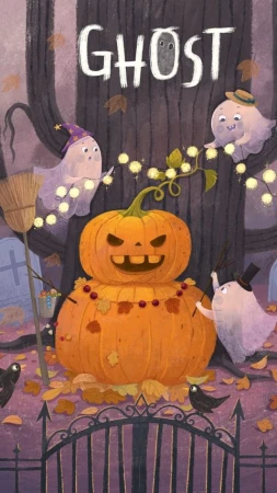 Halloween-themed illustration of ghosts and jack-o'-lanterns with fallen leaves, set against a backdrop of dark trees and a gate.